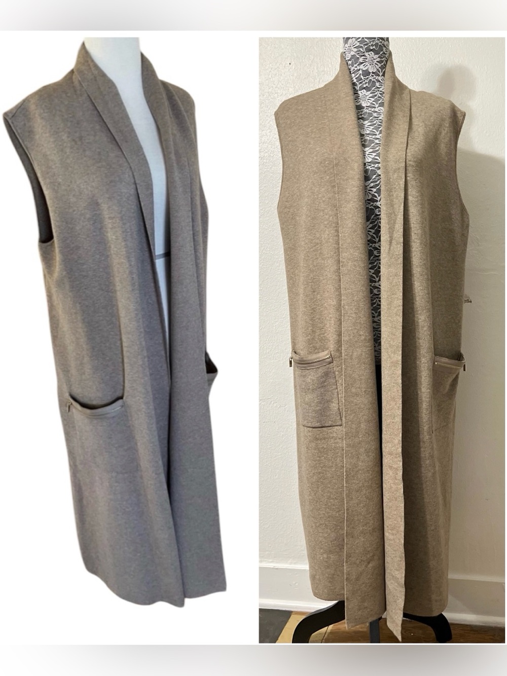 NEW Magaschoni Long Sleeveless Open-Front Vest Taupe Knit Viscose pockets w/zip